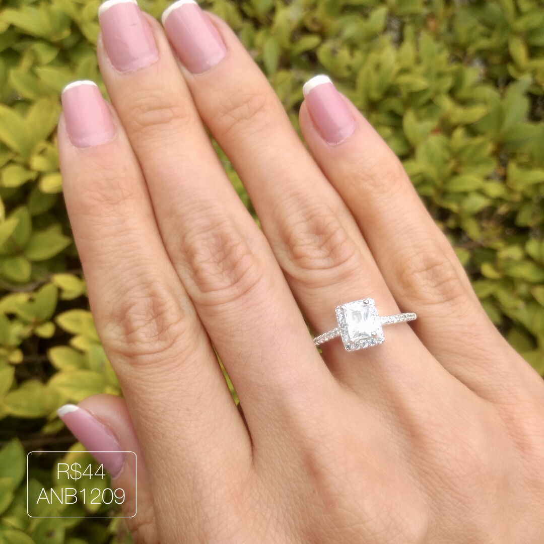 Anel Retângulo Cristal Cravejado Cristal Prateado